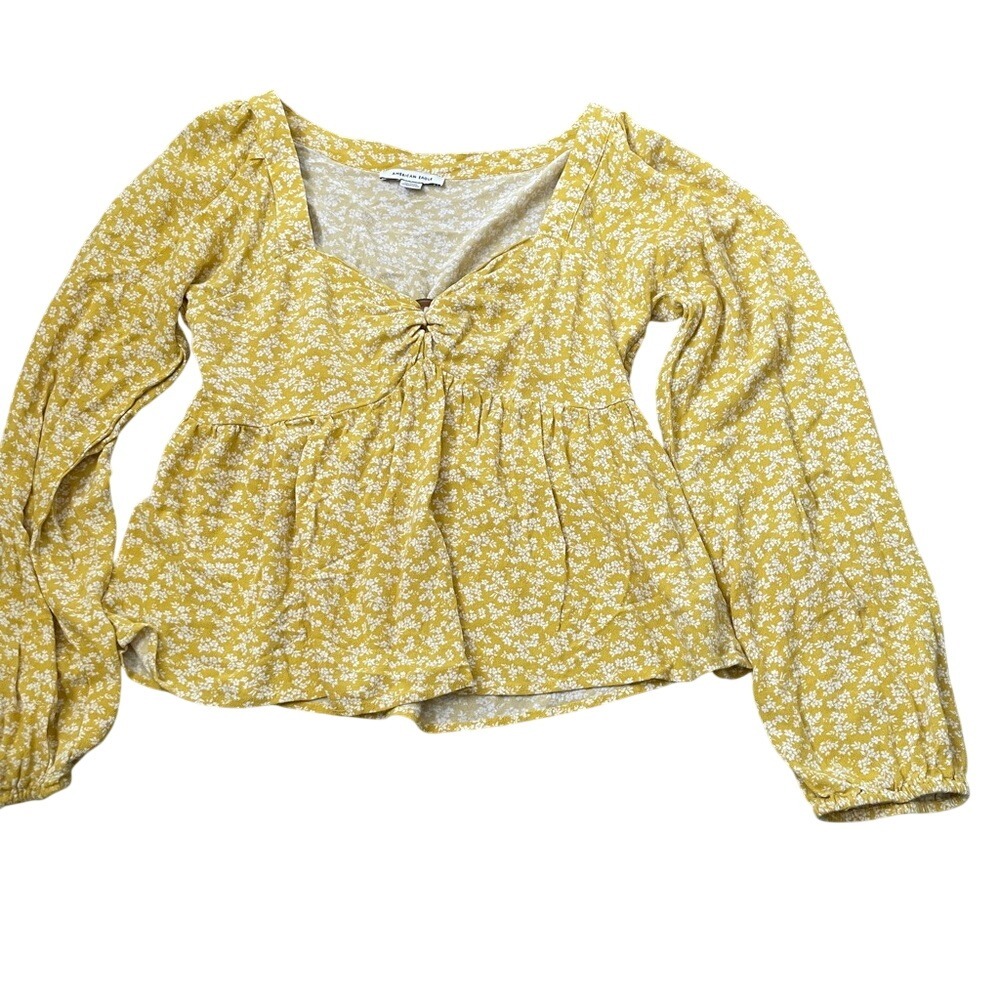 American Eagle Yellow Floral Peplum Top Sweetheart Ring Detail Smocked Back M